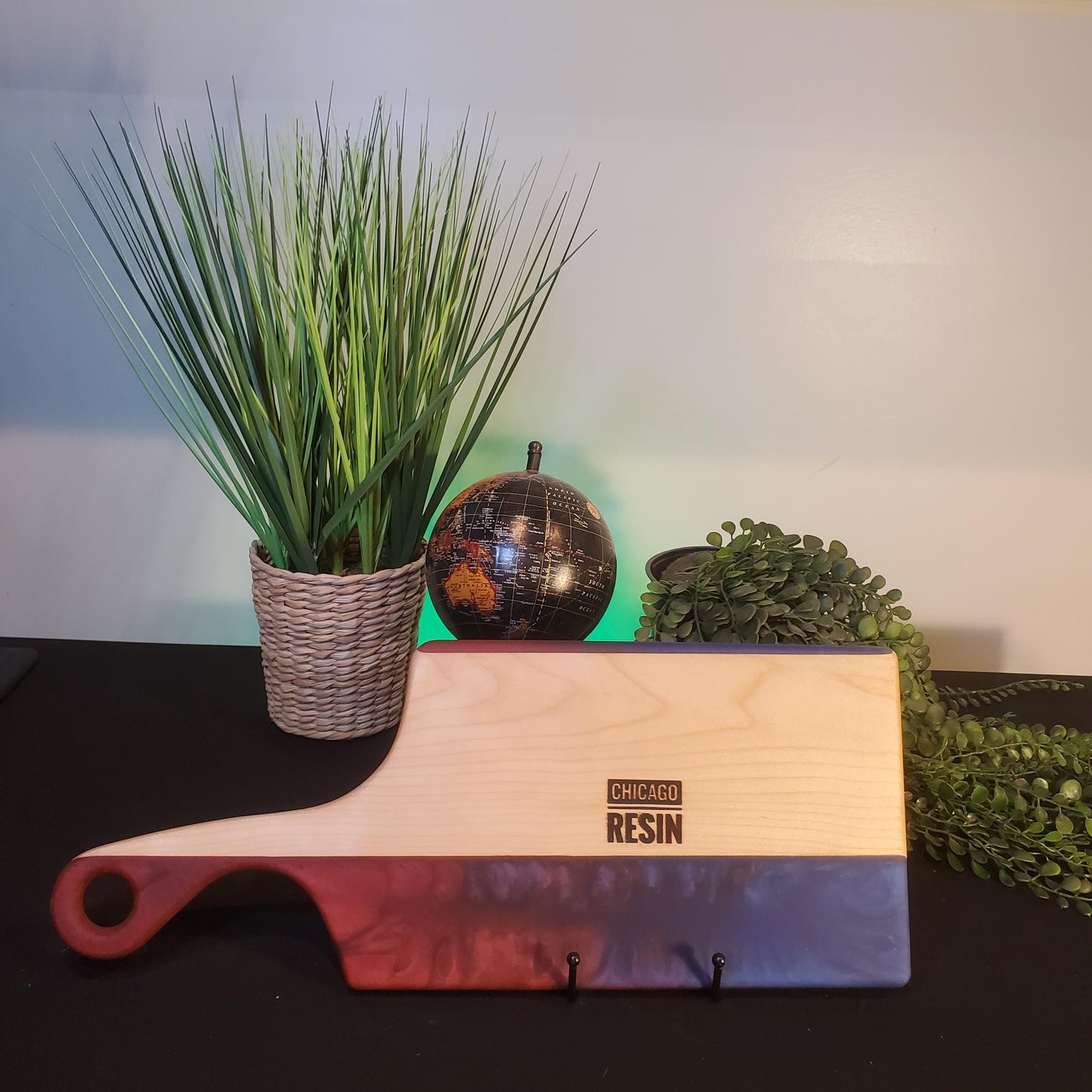 Hand Made, Red and Blue Epoxy Serving board hard maple with handle, Unique