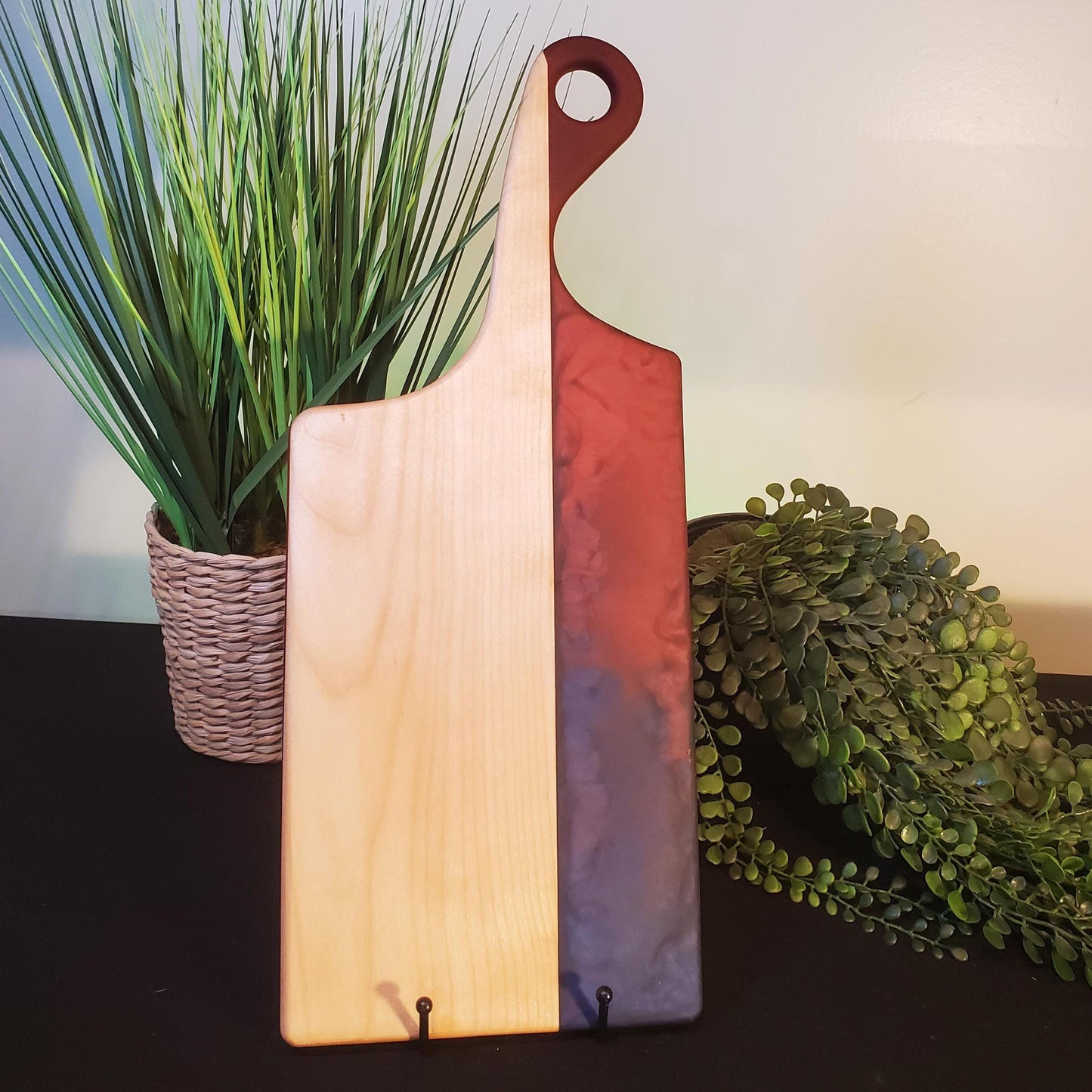 Hand Made, Red and Blue Epoxy Serving board hard maple with handle, Unique
