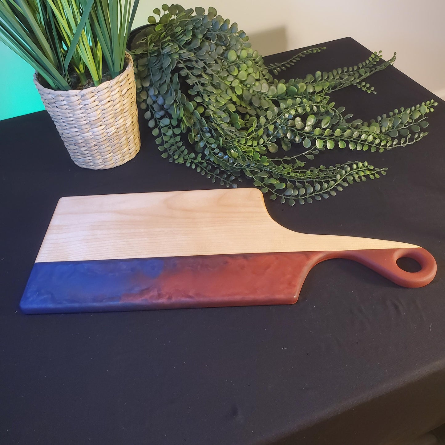 Hand Made, Red and Blue Epoxy Serving board hard maple with handle, Unique