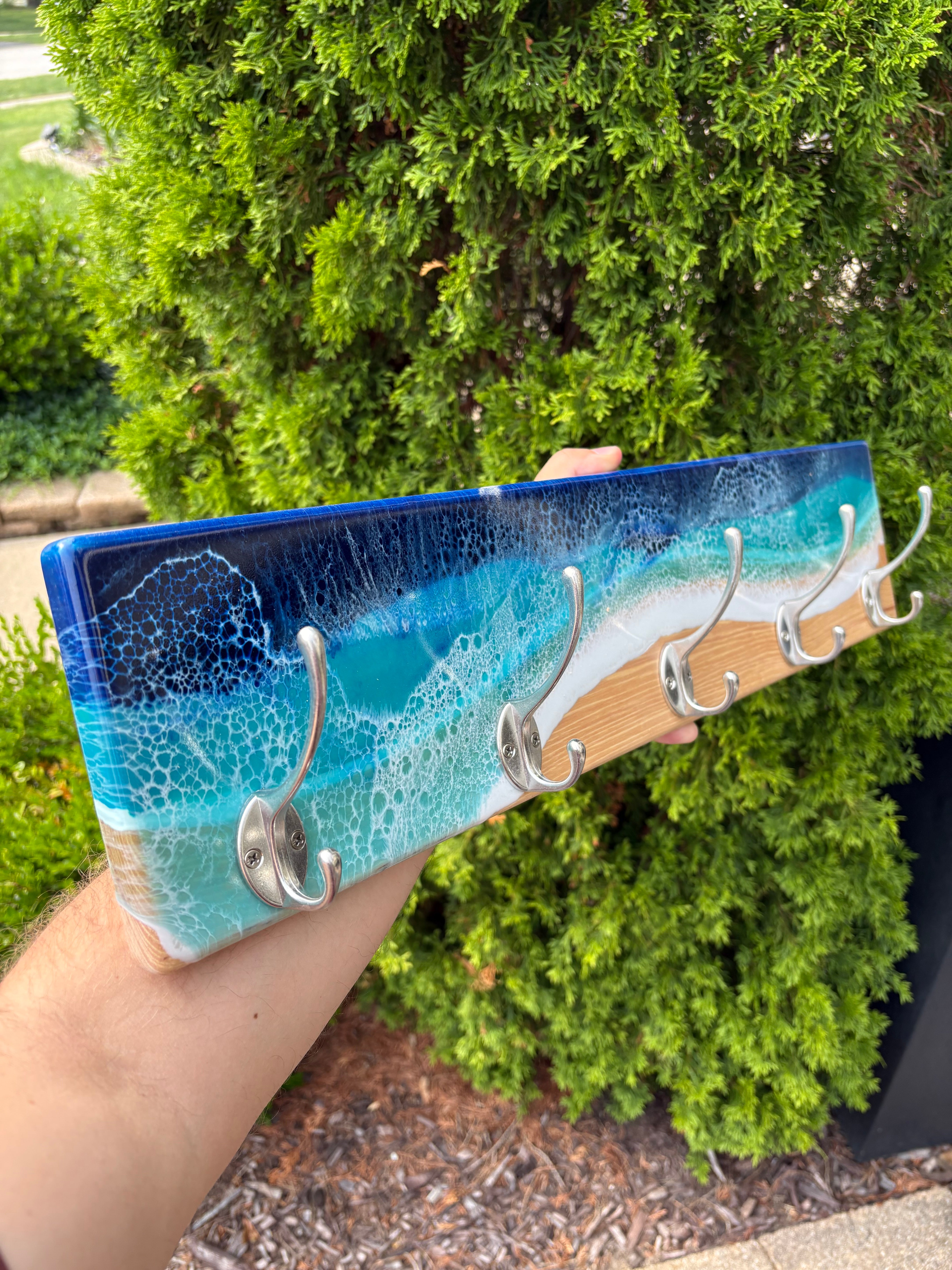 Epoxy Ocean Coat Rack – Handmade Beach Wall Hook Rack for Entryway or Bathroom