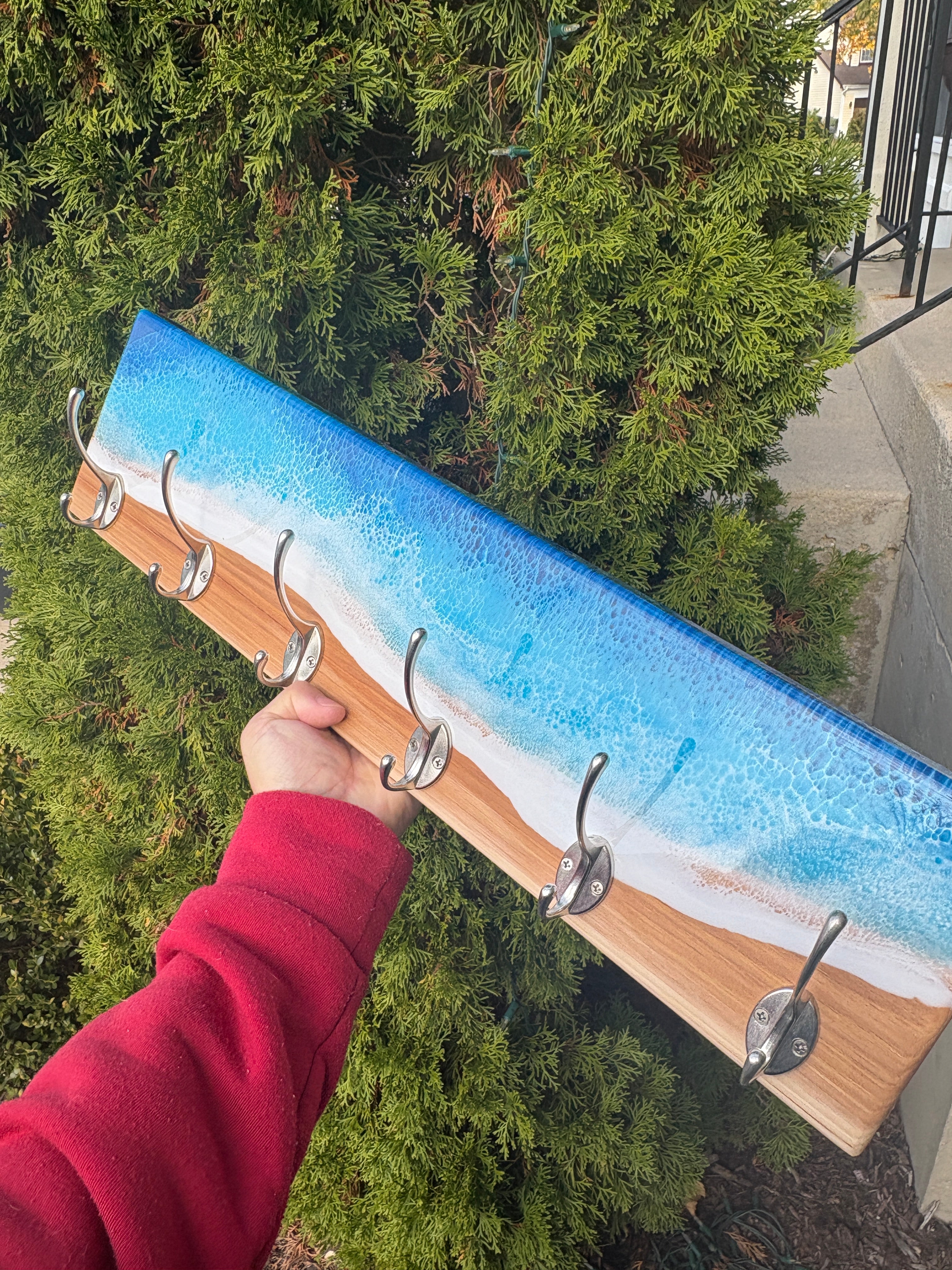 Epoxy Ocean Coat Rack – Handmade Beach Wall Hook Rack for Entryway or Bathroom