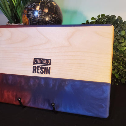 Hand Made, Red and Blue Epoxy Serving board hard maple with handle, Unique