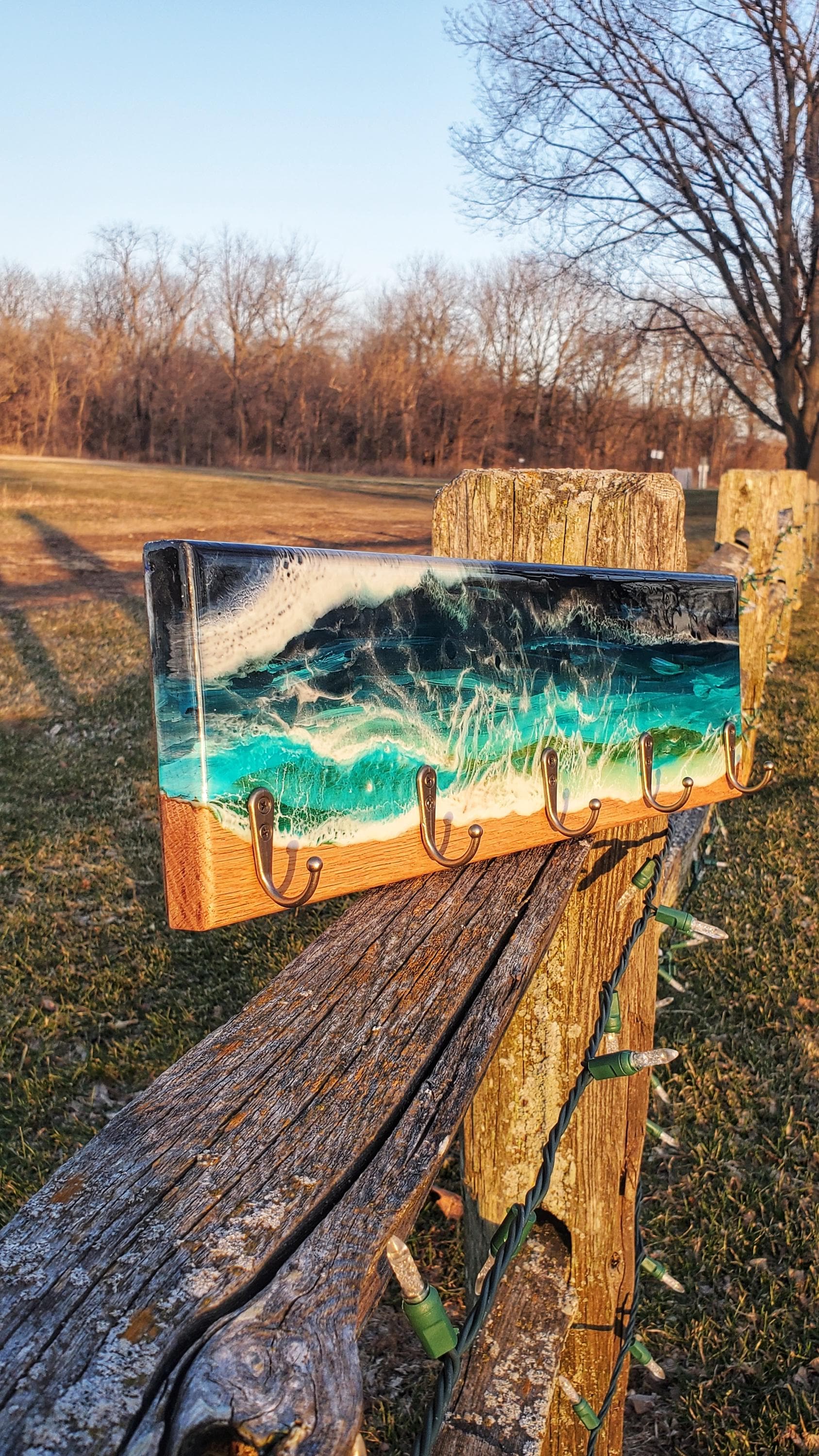 Epoxy Ocean Coat Rack – Handmade Beach Wall Hook Rack for Entryway or Bathroom