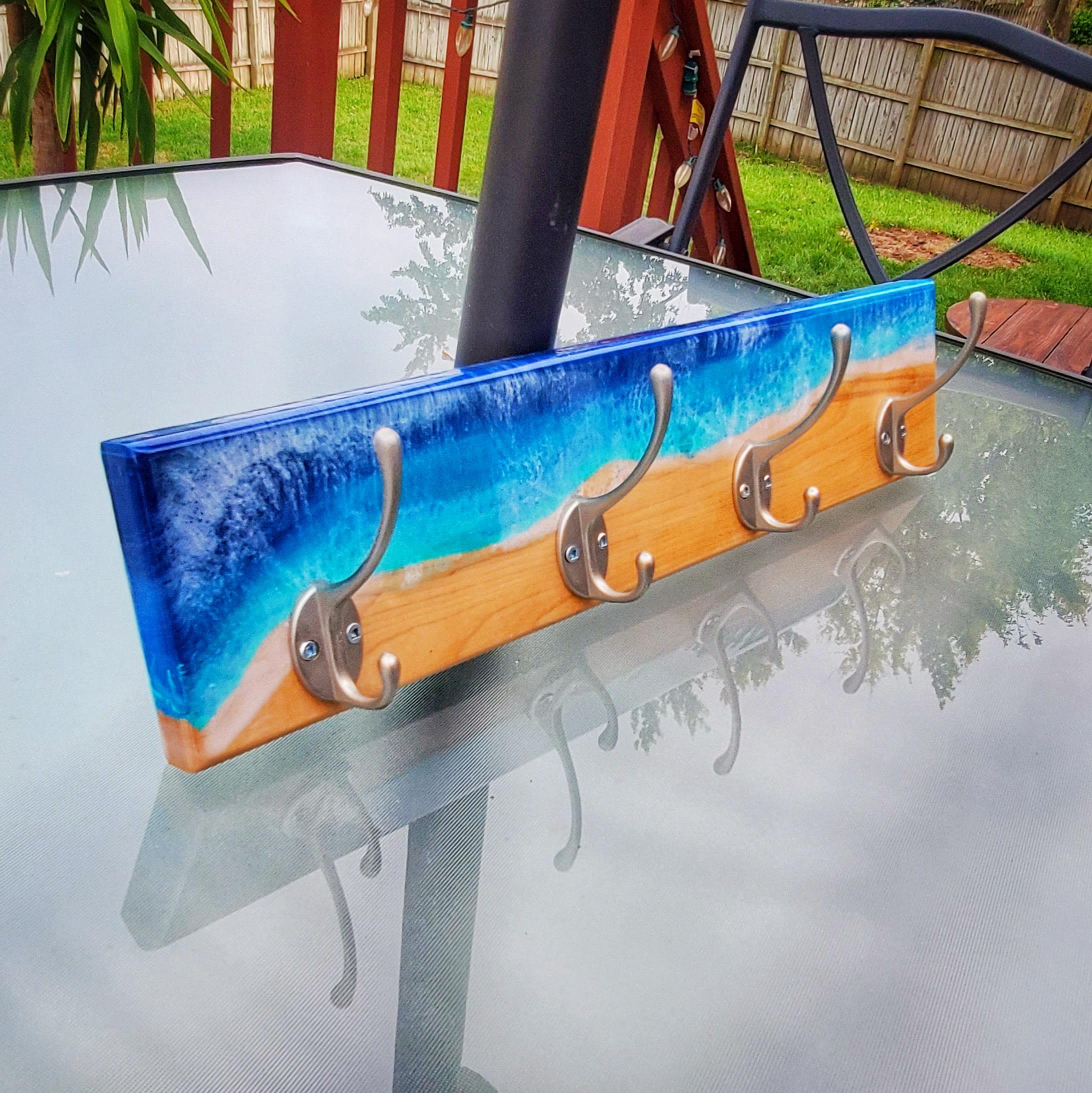 Epoxy Ocean Coat Rack – Handmade Beach Wall Hook Rack for Entryway or Bathroom