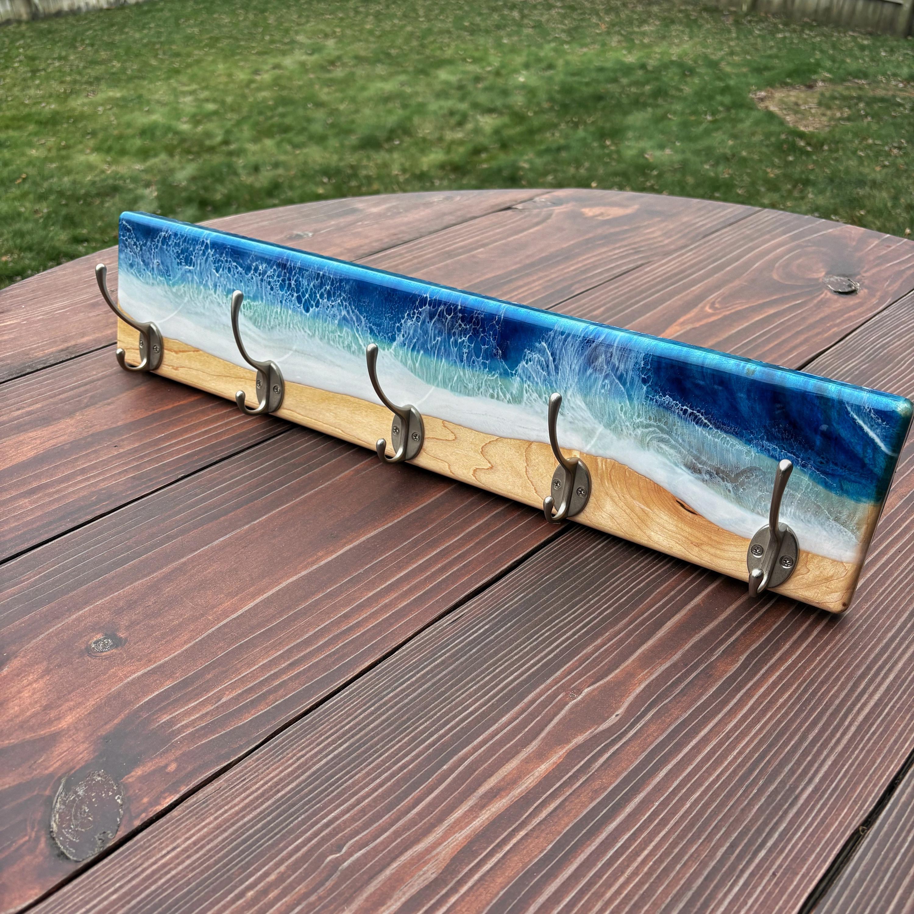 Epoxy Ocean Coat Rack – Handmade Beach Wall Hook Rack for Entryway or Bathroom