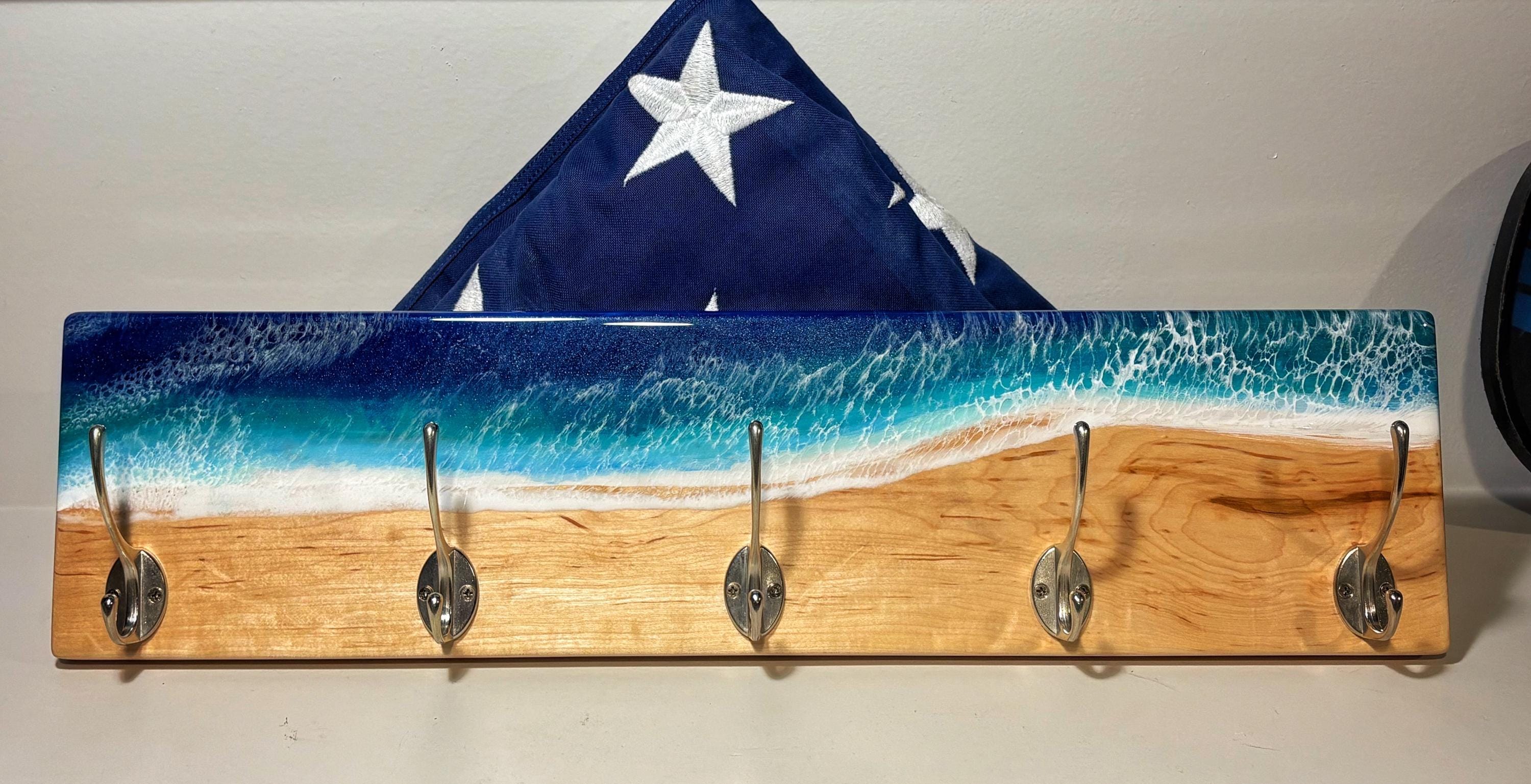 Epoxy Ocean Coat Rack – Handmade Beach Wall Hook Rack for Entryway or Bathroom